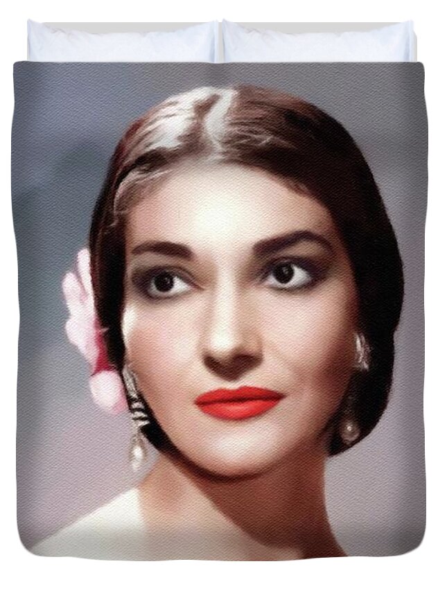 Maria Duvet Cover featuring the painting Maria Callas, Music Legend by Esoterica Art Agency