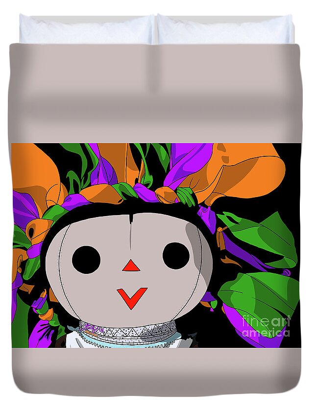 Mazahua Duvet Cover featuring the digital art Maria Doll green purple orange by Marisol VB