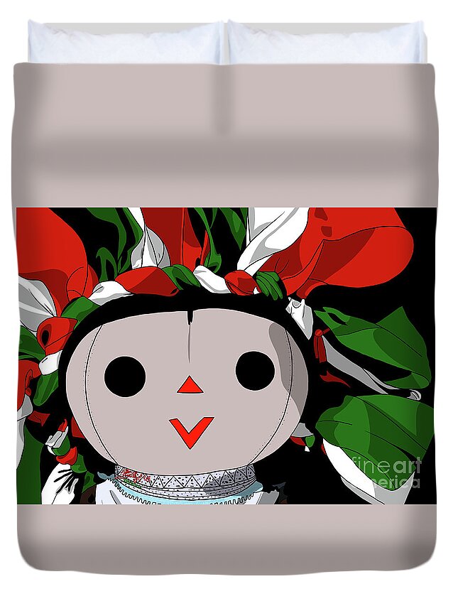 Mazahua Duvet Cover featuring the digital art Maria Doll green white red by Marisol VB