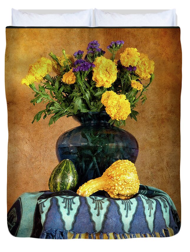 Still Life Duvet Cover featuring the photograph Marigolds and Gourds by Sandra Selle Rodriguez