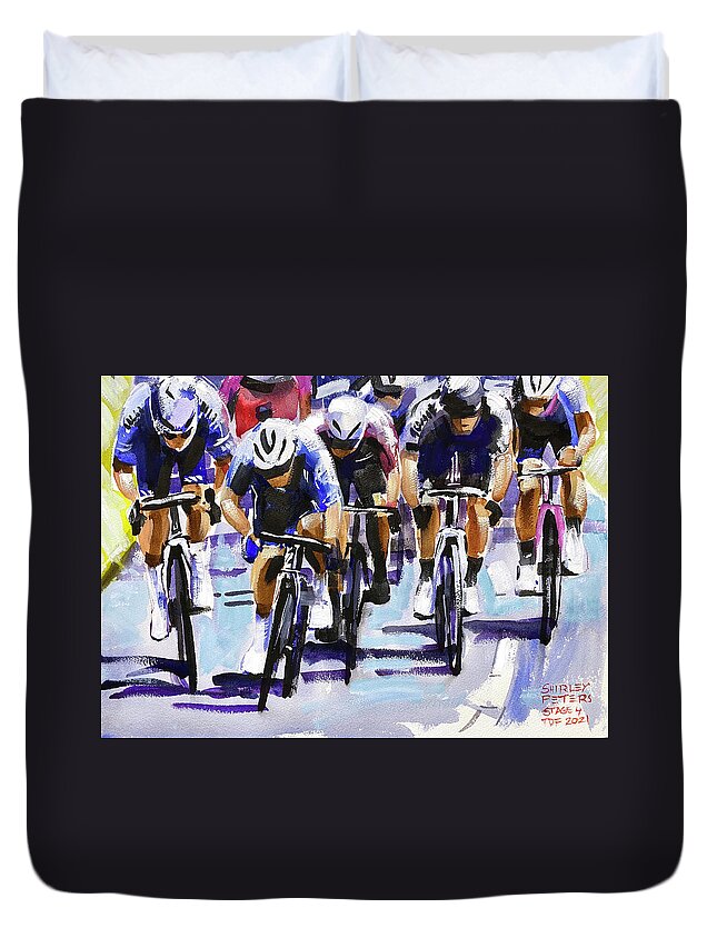 Le Tour De France Duvet Cover featuring the painting Mark Cavendish Stage 4 TDF 2021 by Shirley Peters