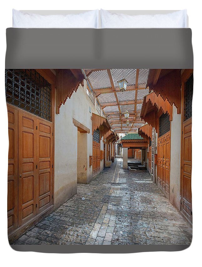 Street Duvet Cover featuring the photograph Market Bazaar street - souk in Fez by Mikhail Kokhanchikov