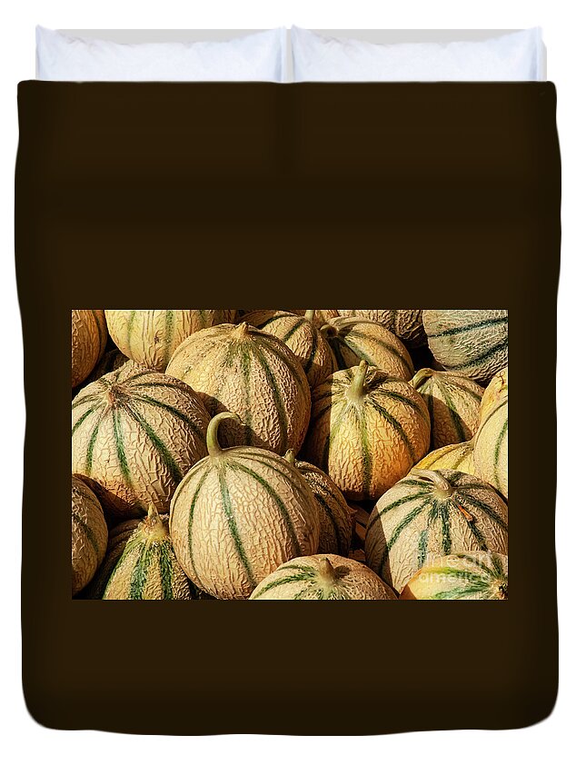 Lourmarin Duvet Cover featuring the photograph Market Day Mellons in Lourmarin by Bob Phillips