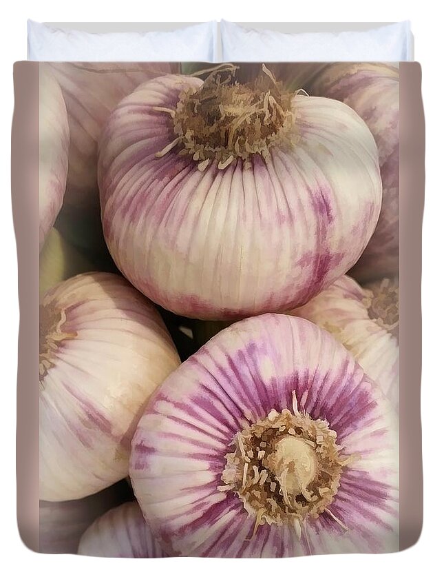 Garlic Bulbs Duvet Cover featuring the digital art Market Fresh Garlic Bulbs by Rebecca Herranen