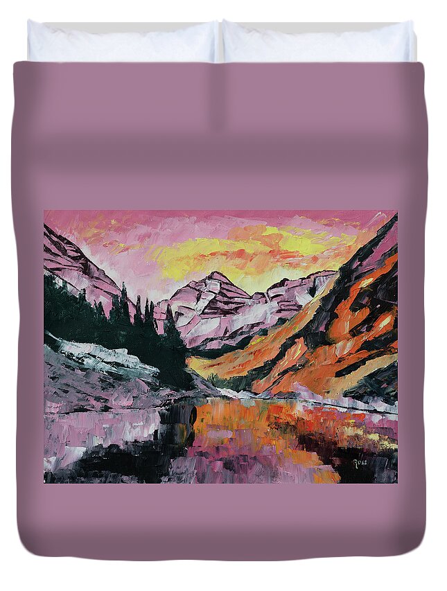 Landscape Duvet Cover featuring the painting Maroon Bells in Autumn by Mark Ross