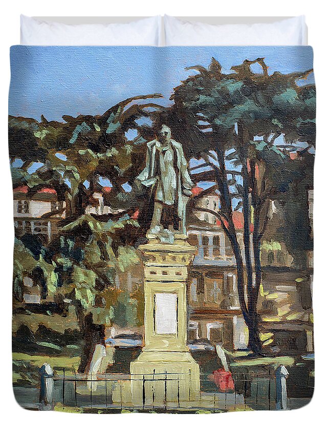 Square Duvet Cover featuring the painting Marquees de Amboage Statue and Plaza Ferrol Galicia Spain by Pablo Avanzini