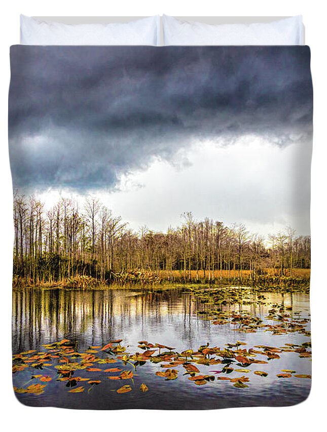 Marsh Duvet Cover featuring the photograph Marsh Under Autumn Thunderclouds by Debra and Dave Vanderlaan