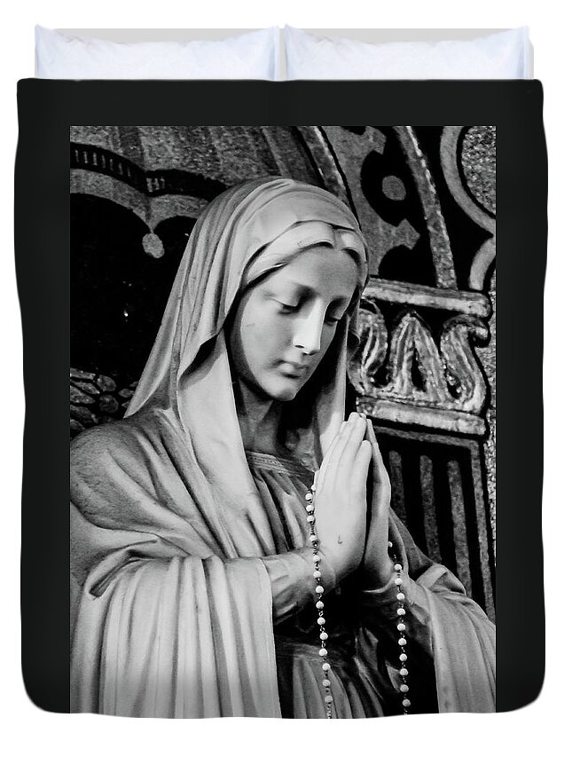 Mary Statue Church Rosary B&w Duvet Cover featuring the photograph Mary by John Linnemeyer