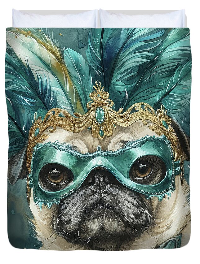 Pug Duvet Cover featuring the painting Masquerade Pug Roxy by Tina LeCour