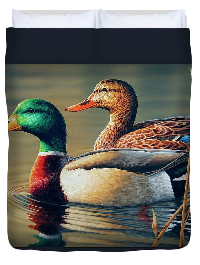 Mallard Duvet Cover featuring the painting Mating Pair by Guy Crittenden