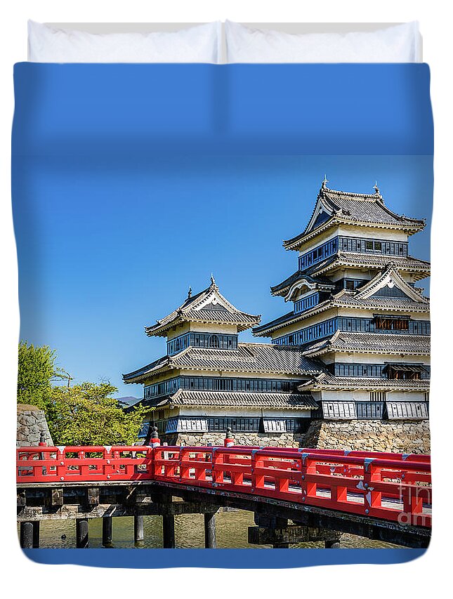 Castle Duvet Cover featuring the photograph Matsumoto castle and bridge by Lyl Dil Creations