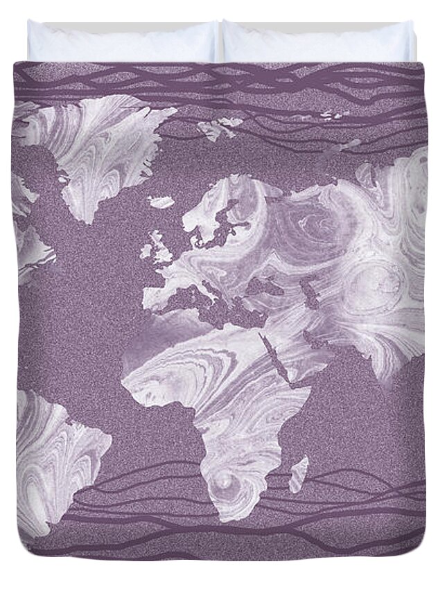 World Map Duvet Cover featuring the painting Mauve Marble Watercolor World Map Silhouette by Irina Sztukowski