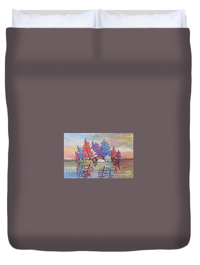 Northern Ontario Canada Island Landscape Abstract Woods Nature Cottage Trees Sunset Duvet Cover featuring the painting May Day Island by Bradley Boug