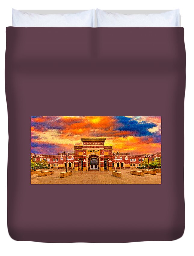 Mckinney Boyd High School Duvet Cover featuring the digital art McKinney Boyd High School at sunset - digital painting by Nicko Prints