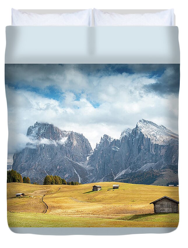 Mountain Landscape Duvet Cover featuring the photograph Meadow field and the Dolomiti rocky peaks Alpe di siusi Seiser Alm Italy by Michalakis Ppalis