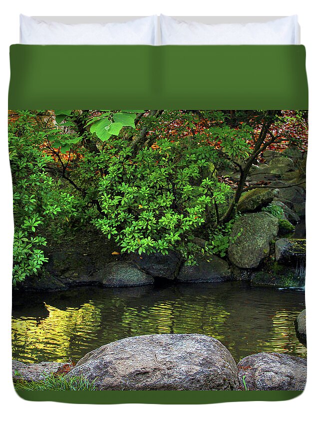 Meditation Duvet Cover featuring the photograph Meditation pond by Bonnie Follett