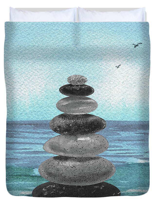 Blue Duvet Cover featuring the painting Meditative Rocks At The Teal Blue Ocean Beach by Irina Sztukowski
