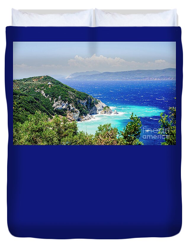 Skiathos Duvet Cover featuring the photograph Scenic view of Kastro, Skiathos island, Greece. by Jelena Jovanovic