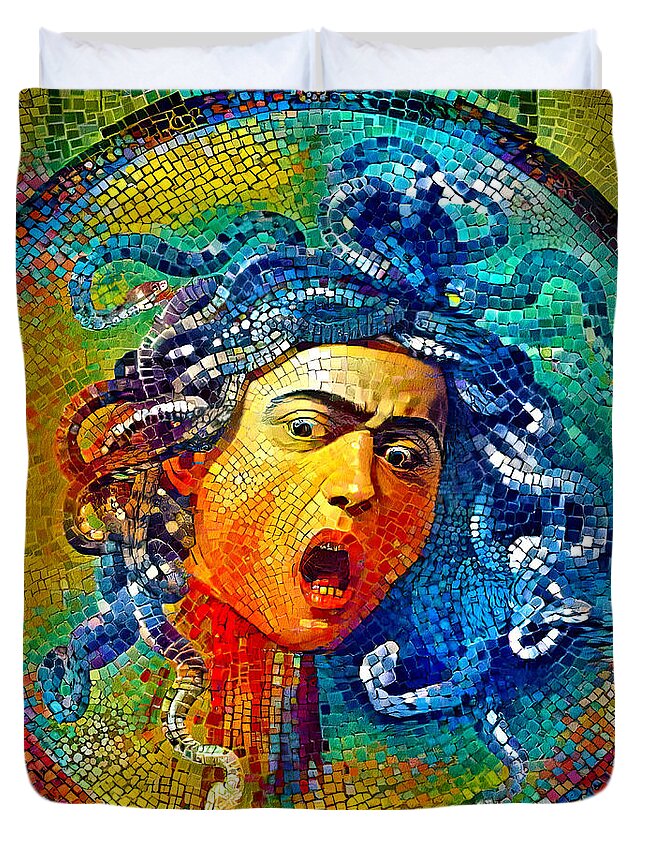 Medusa Duvet Cover featuring the digital art Medusa by Caravaggio - colorful mosaic by Nicko Prints