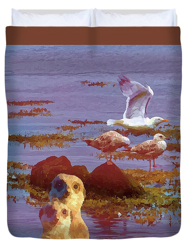 Meerkats Duvet Cover featuring the mixed media Meerkats Visit the Sea Coast by Shelli Fitzpatrick