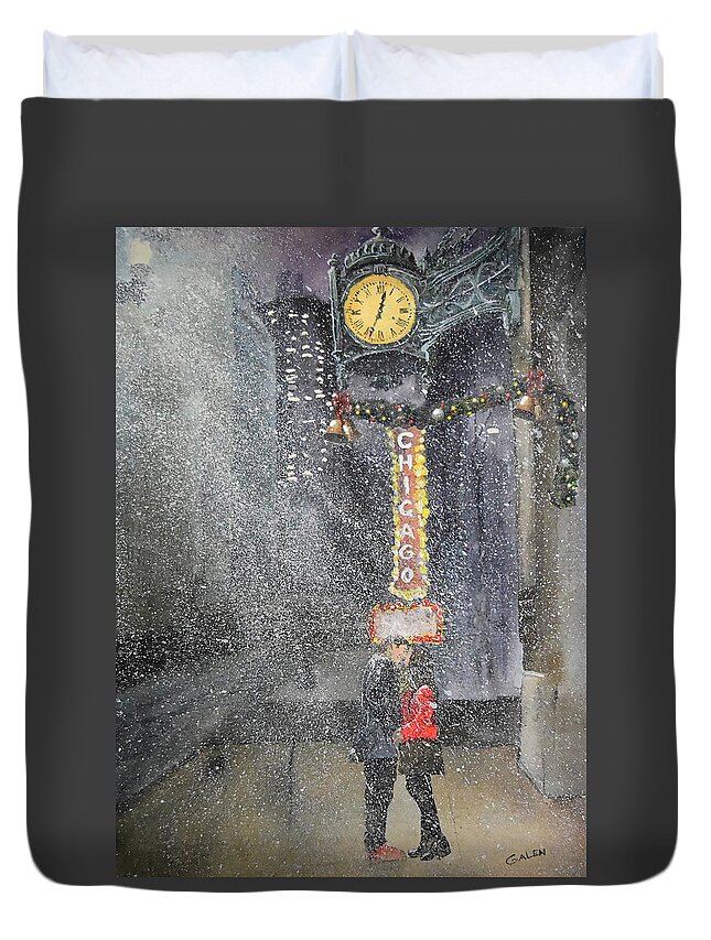 Marshall Fields Duvet Cover featuring the painting Christmas - Meet Me Under The Marshall Fields Clock at Christmas by Glenn Galen
