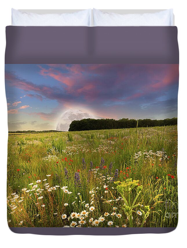 Norfolk Duvet Cover featuring the photograph Mega moon rising over flower meadow by Simon Bratt