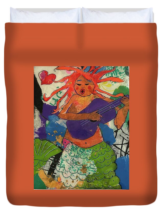 Mermaid Duvet Cover featuring the painting Melancholy Mermaid by Elaine Elliott