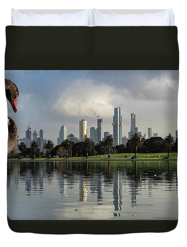 Swan Duvet Cover featuring the photograph Melbourne reflections by Leigh Henningham