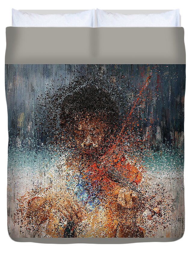 Violinist Duvet Cover featuring the painting Melody of the Storm by Alex Mir