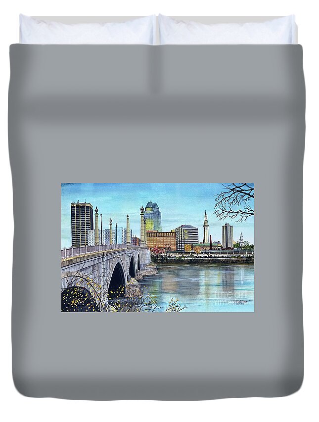 Bridge Duvet Cover featuring the painting Memorial Bridge to Springfield MA by Joseph Burger