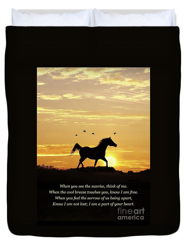 Memorial Duvet Cover featuring the photograph Memorial Tribute Spiritual Poem with Horse and Birds by Stephanie Laird
