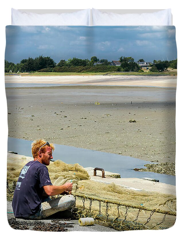 Fishing Duvet Cover featuring the photograph Mending the Nets, Billiers, France by Elaine Teague