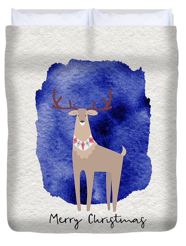 Merry Christmas Duvet Cover featuring the painting Merry Christmas Blue Watercolor Deer by Modern Art