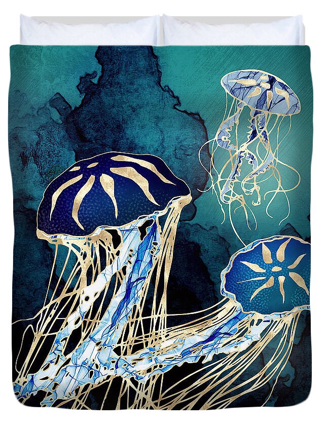 Jellyfish Duvet Cover featuring the digital art Metallic Jellyfish III by Spacefrog Designs