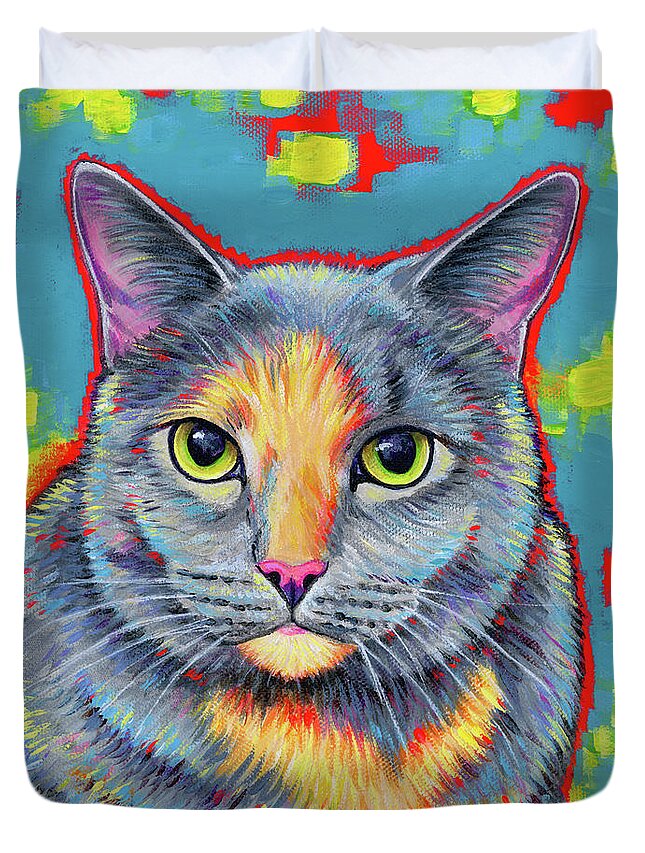 Cat Duvet Cover featuring the painting Miah the Dilute Tortoiseshell Cat by Rebecca Wang