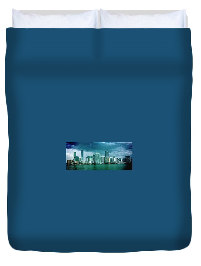 Biscayne Bay Duvet Cover featuring the digital art Miami Skyline from Biscayne Bay by SnapHappy Photos