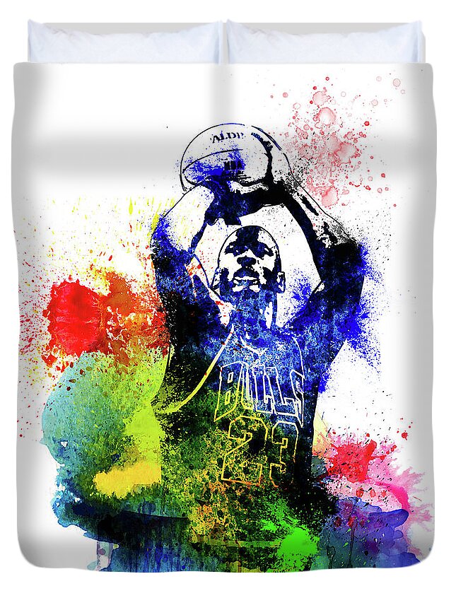 Michael Jordan Duvet Cover featuring the mixed media Michael Jordan Watercolor II by Naxart Studio