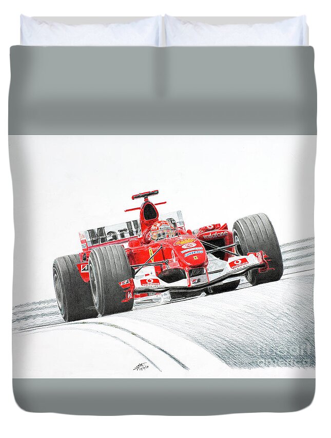 Michael Schumacher Duvet Cover featuring the drawing Michael Schumacher Ferrari F2004 by Lorenzo Benetton