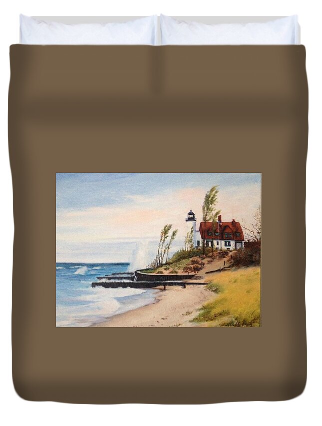 Lighthouse Duvet Cover featuring the painting Michigan Lighthouse by Judy Rixom
