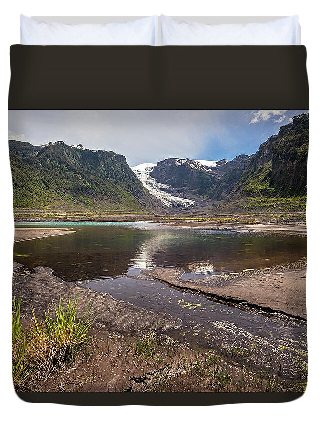 Chile Duvet Cover featuring the photograph Michinmahuida glacier with pond reflexion by Henri Leduc