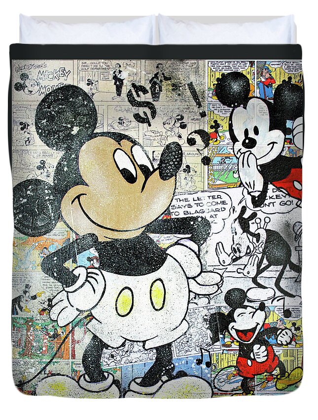 Mickey Mouse Duvet Cover featuring the mixed media Mickey Mouse Comics by Kathleen Artist PRO