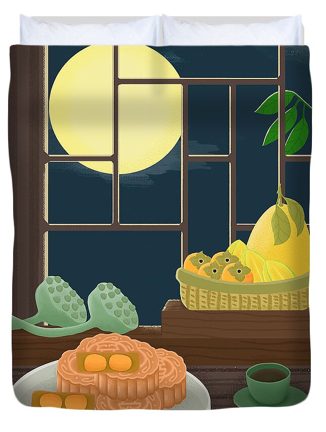 Moon Cakes Duvet Cover featuring the drawing Mid-Autumn Festival Moon Cake Illustration by Min Fen Zhu