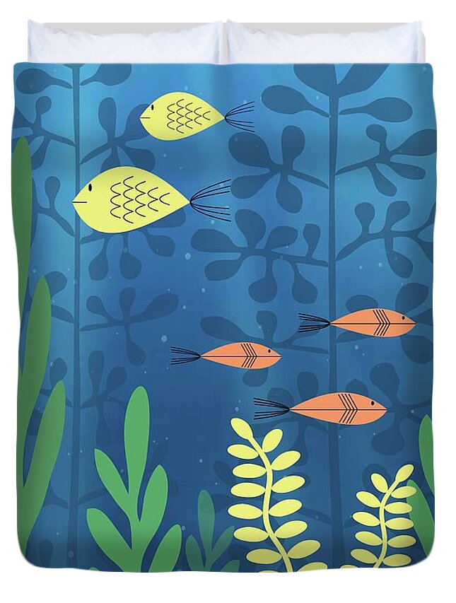 Mid Century Fish Duvet Cover featuring the digital art Mid Century Aquarium Blue by Donna Mibus