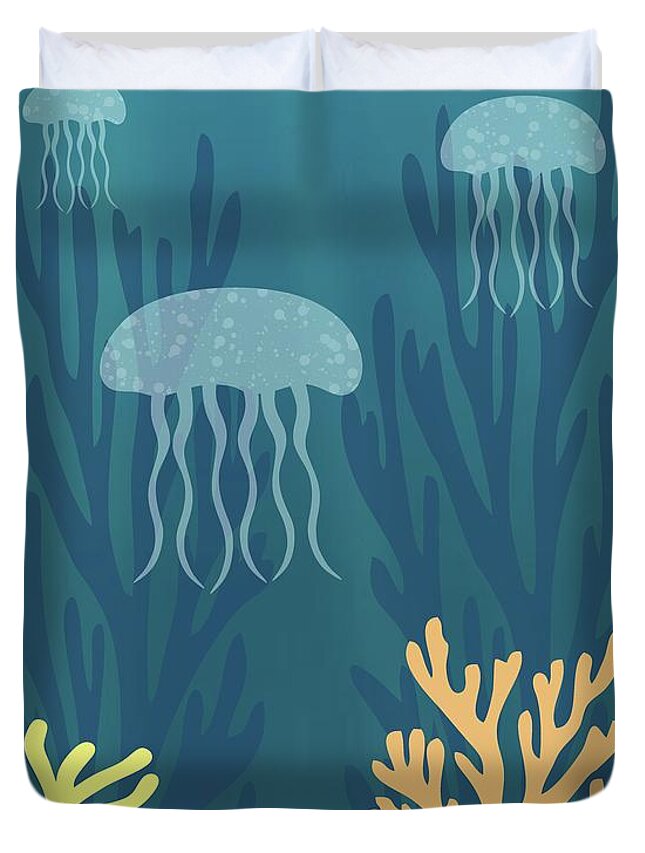 Mid Century Fish Tank Duvet Cover featuring the digital art Mid Century Aquarium with Jellyfish by Donna Mibus