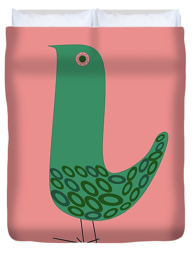 Mid Century Modern Duvet Cover featuring the digital art Mid Century Bird in Pink by Donna Mibus