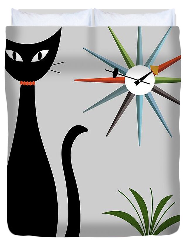 Mid Century Cat Duvet Cover featuring the digital art Mid Century Cat with Starburst Clock on Gray by Donna Mibus