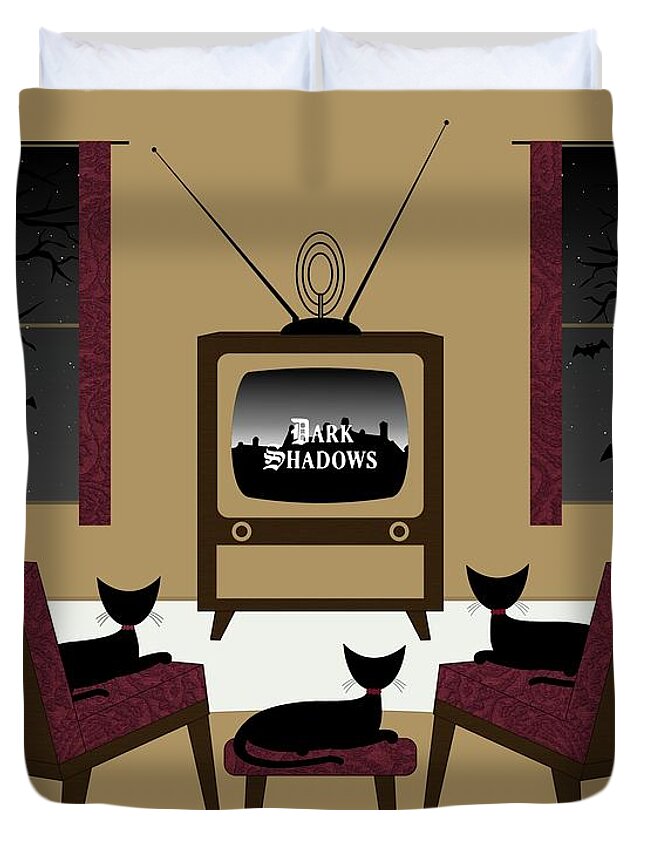 Mid Century Cat Duvet Cover featuring the digital art Mid Century Cats Watch Dark Shadows 2 by Donna Mibus