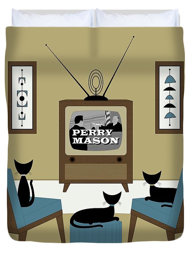 Mid Century Cat Duvet Cover featuring the digital art Mid Century Cats Watch Perry Mason Beige by Donna Mibus