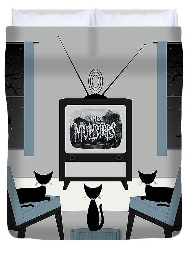Cats Watch Tv Duvet Cover featuring the digital art Mid Century Cats Watch the Munsters by Donna Mibus
