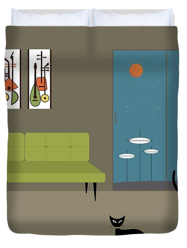 Mid Century Modern Duvet Cover featuring the digital art Mid Century Dog Spies Space Pods by Donna Mibus